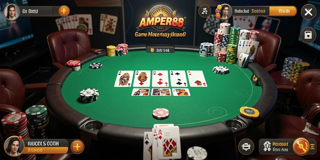 Tampilan gameplay menarik di AMPER88 dengan suasana poker yang mendebarkan.