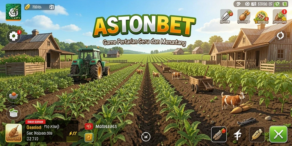 Tangkapan layar gameplay ASTONBET menampilkan aktivitas pertanian yang seru.