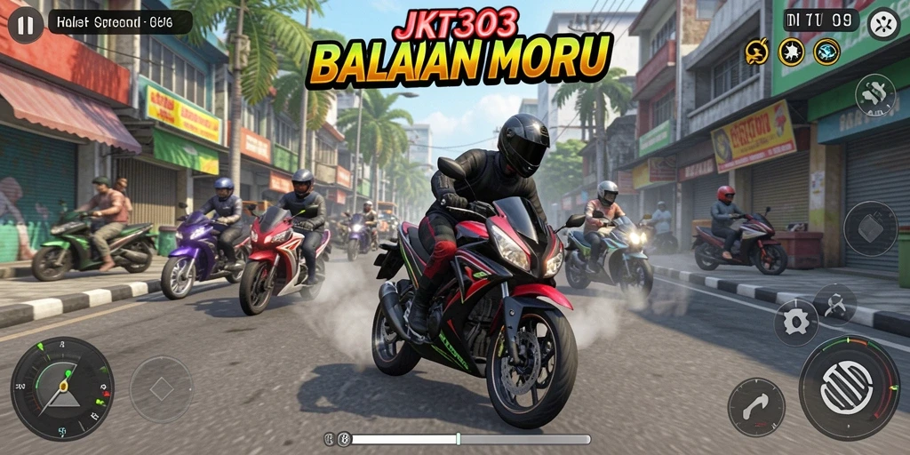 Tampilan gameplay JKT303 dengan aksi balapan motor yang menegangkan.
