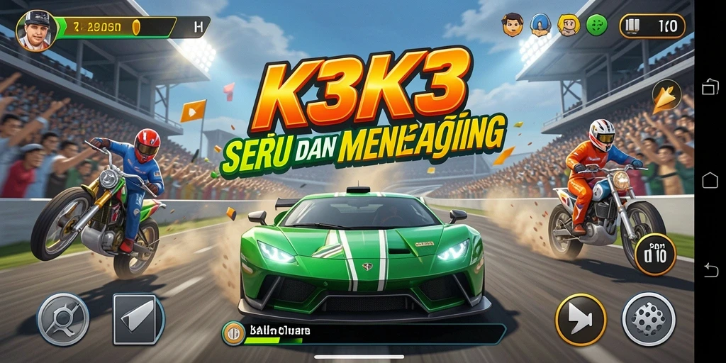 Gambaran gameplay balapan seru dalam K3K3 yang menantang.