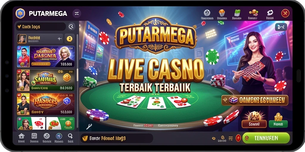 Tampilan gameplay PUTARMEGA dengan dealer langsung di suasana kasino.