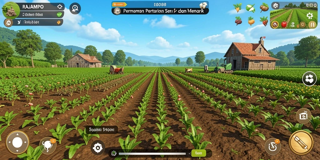 Tampilan gameplay RAJAMPO yang menarik dan penuh warna dalam dunia pertanian.