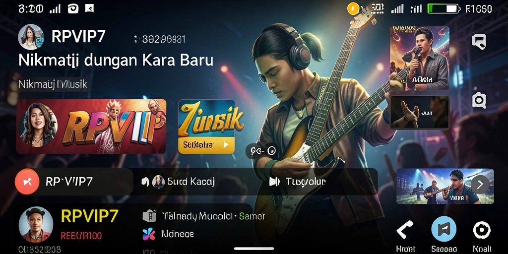 Screenshot gameplay RPVIP7 menunjukkan antarmuka interaktif dan pilihan musik yang luas.