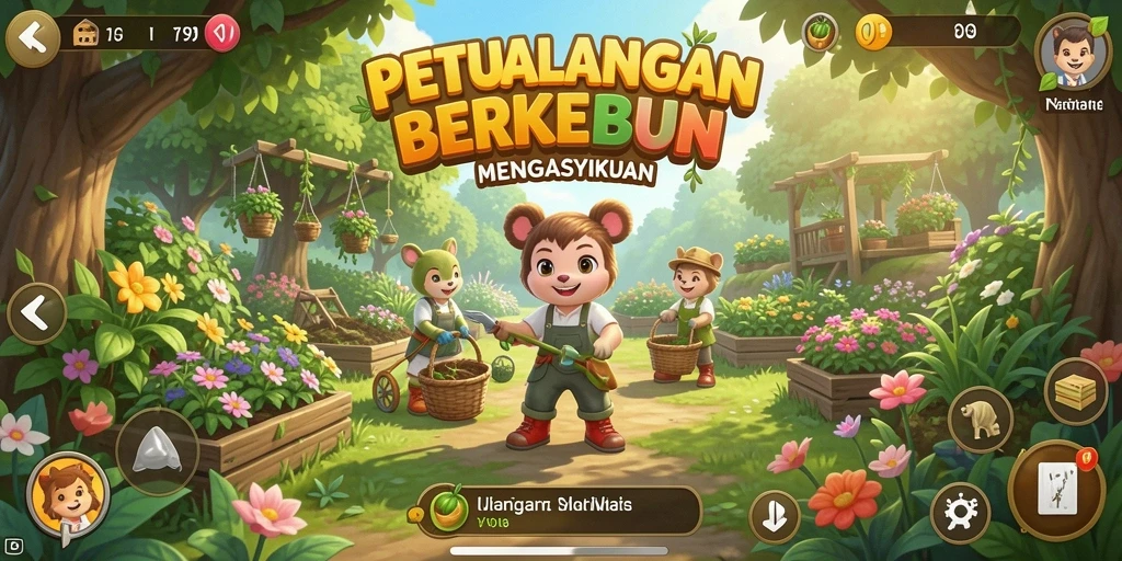 Tampilan gameplay Y89 dengan kebun yang subur dan tanaman berwarna-warni.